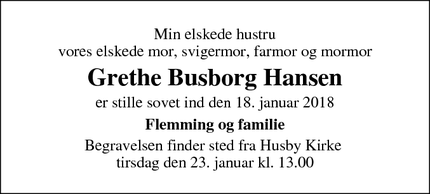 Dødsannoncen for Grethe Busborg Hansen - Husby