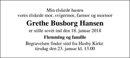 Dødsannoncen for Grethe Busborg Hansen - Husby