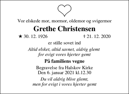 Dødsannoncen for Grethe Christensen - Viby sjælland