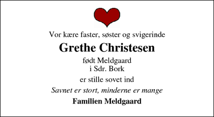 Dødsannoncen for Grethe Christesen - Sdr. Bork