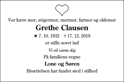 Dødsannoncen for Grethe Clausen - sønderborg