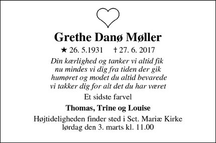 Dødsannoncen for Grethe Danø Møller - Helsingør