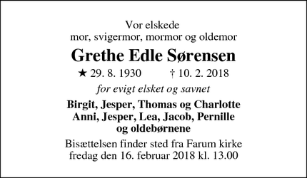 Dødsannoncen for Grethe Edle Sørensen - Hillerød