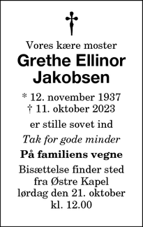 Dødsannoncen for Grethe Ellinor
Jakobsen - Nykøbing Falster