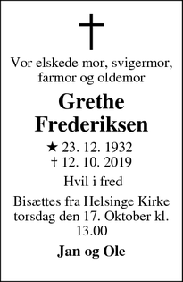 Dødsannoncen for Grethe Frederiksen - Helsingør