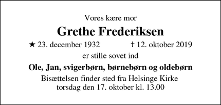 Dødsannoncen for Grethe Frederiksen - Helsinge