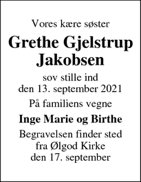 Dødsannoncen for Grethe Gjelstrup
Jakobsen - Ringkøbing