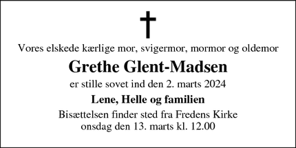 Dødsannoncen for Grethe Glent-Madsen - Odense