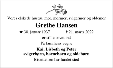 Dødsannoncen for Grethe Hansen - Ringsted