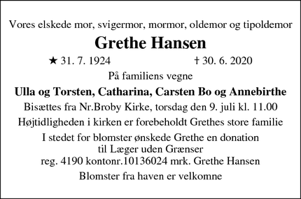 Dødsannoncen for Grethe Hansen - broby