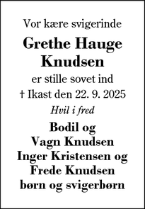 Dødsannoncen for Grethe Hauge
Knudsen - Herning