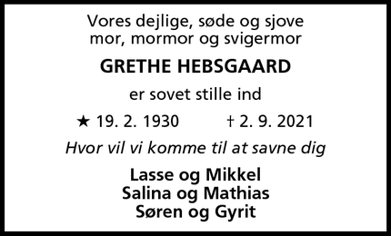 Dødsannoncen for GRETHE hEBSGAARD - Hvidovre