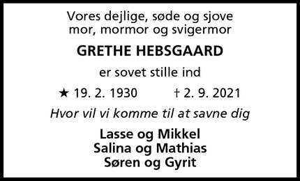 Dødsannoncen for GRETHE hEBSGAARD - Hvidovre