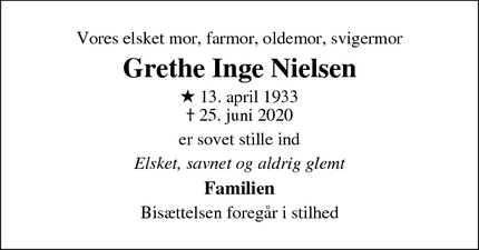 Dødsannoncen for Grethe Inge Nielsen - Helsingør