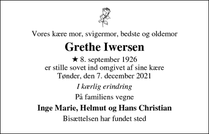 Dødsannoncen for Grethe Iwersen - Løgumkloster