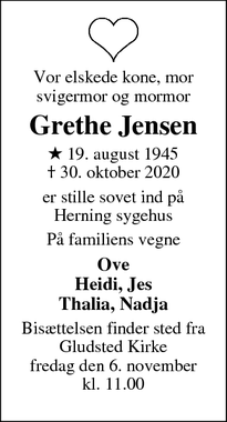 Dødsannoncen for Grethe Jensen  - Gludsted