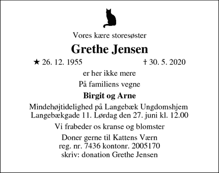 Dødsannoncen for Grethe Jensen - Hundslund