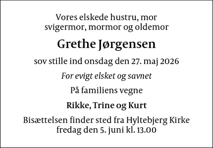 Dødsannoncen for Grethe J&oslash;rgensen - Vanløse