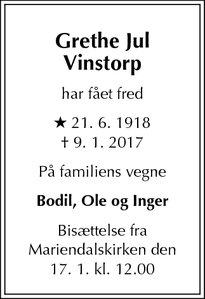 Dødsannoncen for Grethe Jul Vinstorp - Frederiksberg