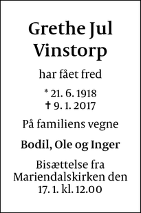 Dødsannoncen for Grethe Jul Vinstorp - Frederiksberg