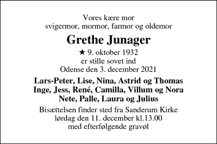 Dødsannoncen for Grethe Junager - Odense