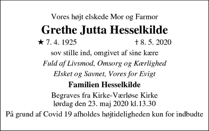 Dødsannoncen for Grethe Jutta Hesselkilde - Kirke-Værløse. (3500)