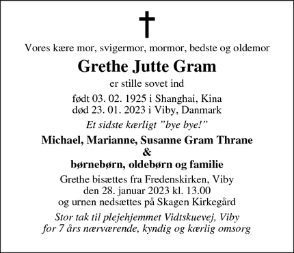 Dødsannoncen for Grethe Jutte Gram - Århus
