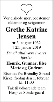 Dødsannoncen for Grethe Katrine Jensen - Brøndby Strand