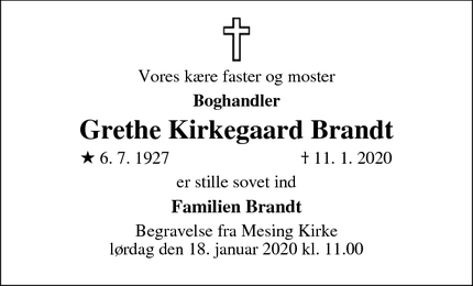 Dødsannoncen for Grethe Kirkegaard Brandt - Skanderborg