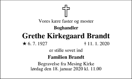 Dødsannoncen for Grethe Kirkegaard Brandt - Skanderborg