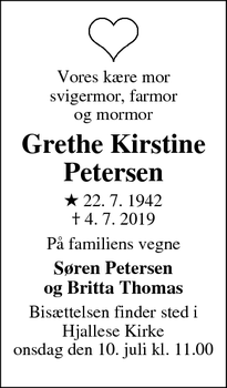 Dødsannoncen for Grethe Kirstine Petersen - odense