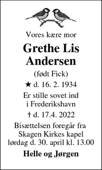 Dødsannoncen for Grethe Lis
Andersen - frederikshavn 