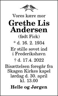 Dødsannoncen for Grethe Lis
Andersen - frederikshavn 