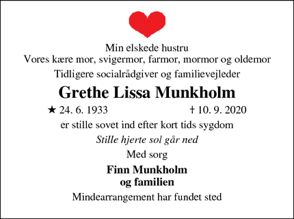 Dødsannoncen for Grethe Lissa Munkholm - Hornslet