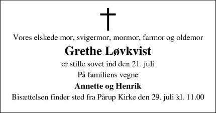 Dødsannoncen for Grethe L&oslash;vkvist - Odense