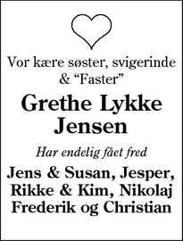 Dødsannoncen for Grethe Lykke Jensen - Esbjerg