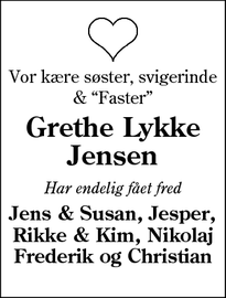 Dødsannoncen for Grethe Lykke Jensen - Esbjerg
