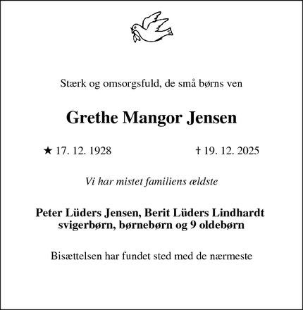 Dødsannoncen for Grethe Mangor Jensen - Hillerød
