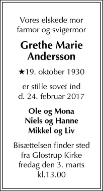 Dødsannoncen for Grethe Marie Andersson - Glostrup