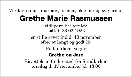 Dødsannoncen for Grethe Marie Rasmussen - Nykøbing Falster