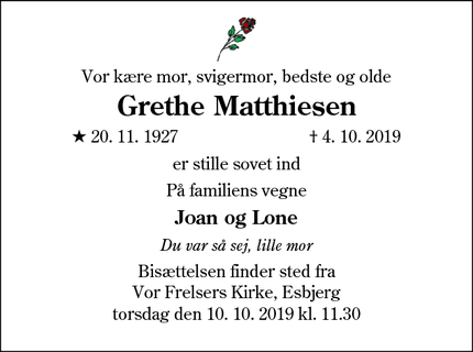 Dødsannoncen for Grethe Matthiesen - Esbjerg V