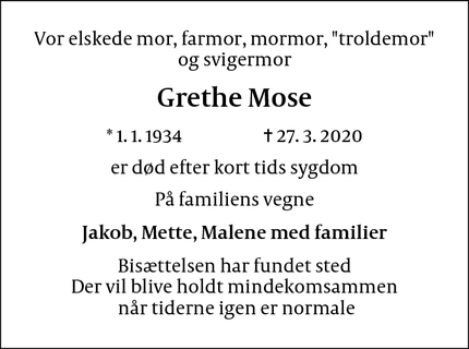 Dødsannoncen for Grethe Mose  - Allerød