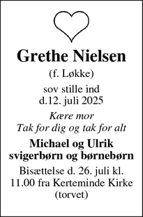 Dødsannoncen for Grethe Nielsen - Kerteminde 