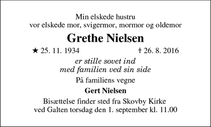 Dødsannoncen for Grethe Nielsen - Galten