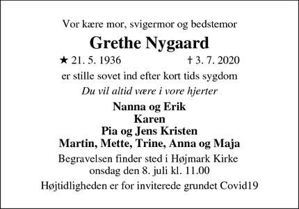 Dødsannoncen for Grethe Nygaard - Højmark