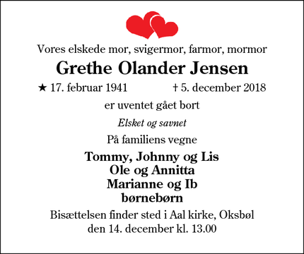 Dødsannoncen for Grethe Olander Jensen - Oksbøl