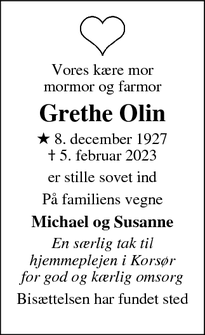 Dødsannoncen for Grethe Olin - Korsør