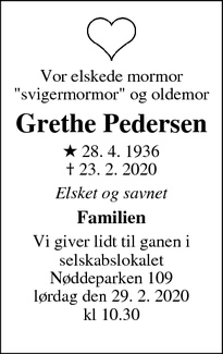 Dødsannoncen for Grethe Pedersen - 4140, Borup
