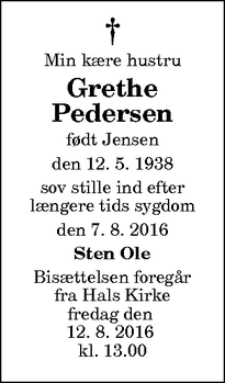 Dødsannoncen for Grethe Pedersen - Hals