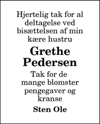 Dødsannoncen for Grethe Pedersen - Hals